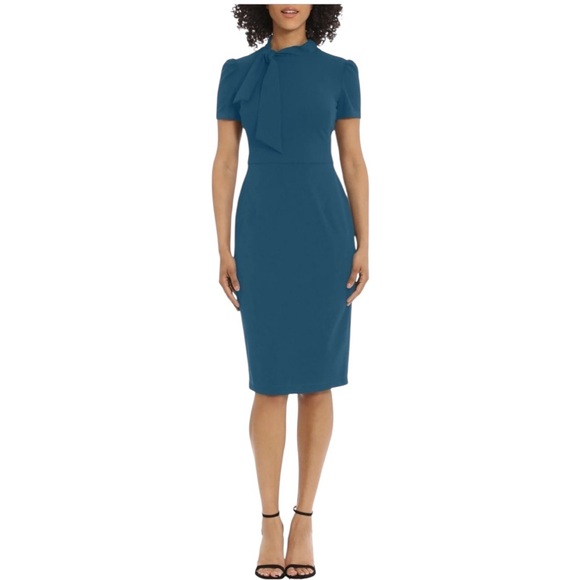 NWT Maggy London Tie Neck Puff Sleeve Scuba Crepe Dress in Teal. Size 6 - Picture 1 of 7